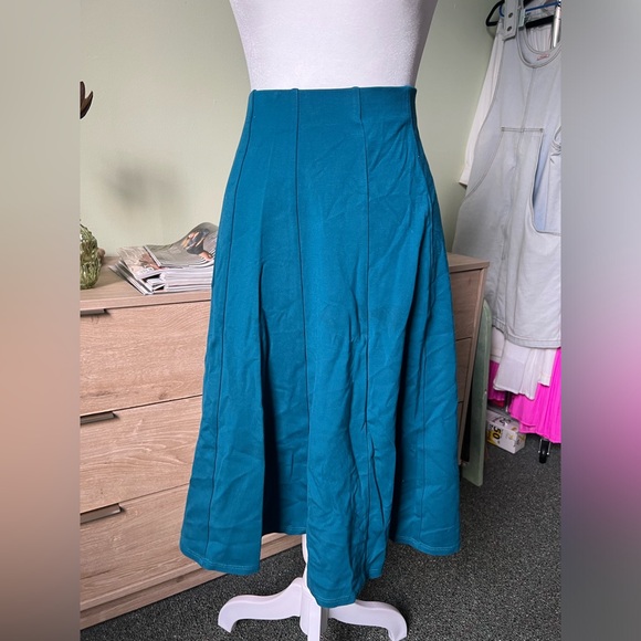 Torquoise Blue Green Midi Knee-Length Panel Pleated Stretch Full Circle Skirt M - Picture 6 of 15